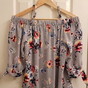 A. Byer top, size Medium, narrow black and white stripes with a floral print